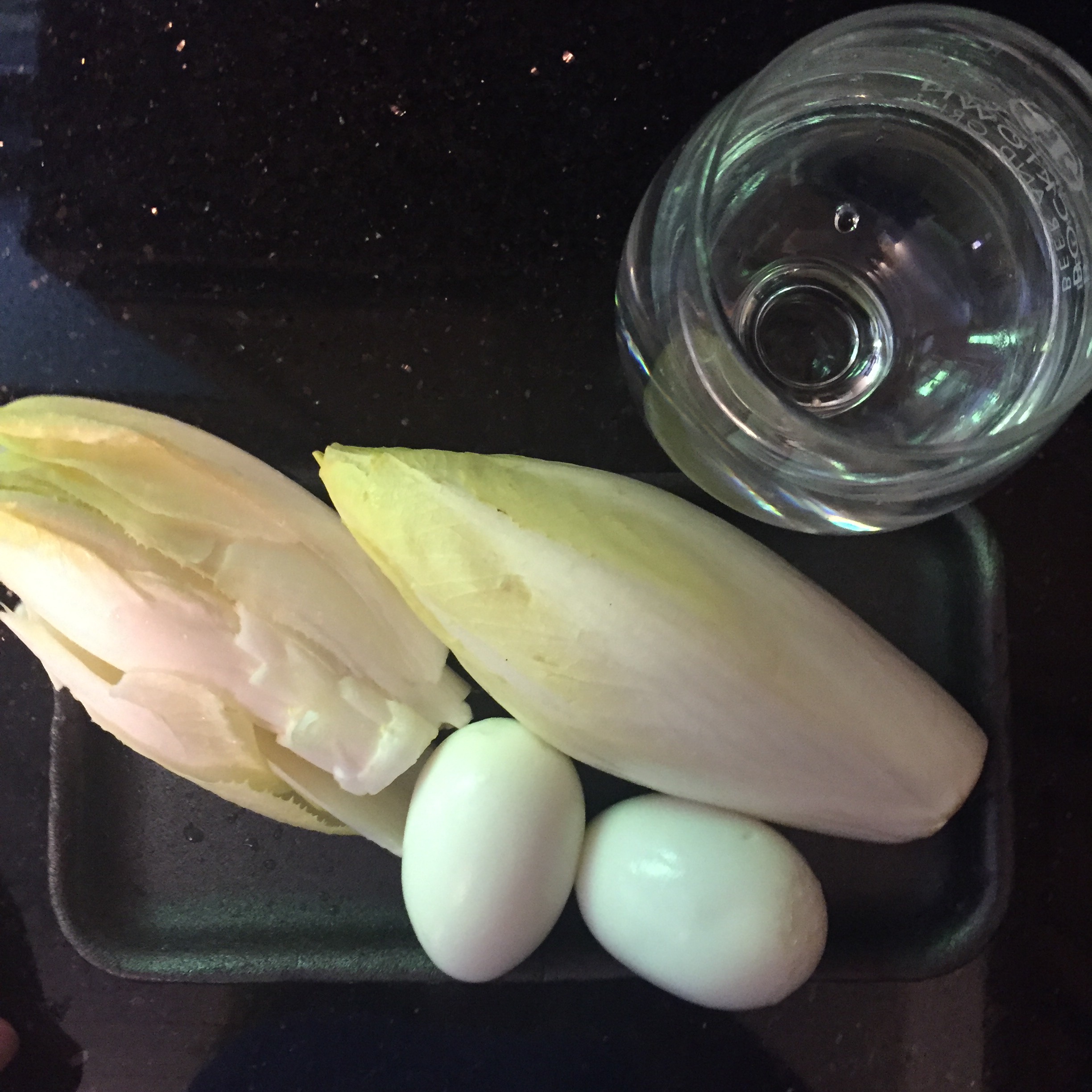 Belgium Endive, hard boiled eggs and water