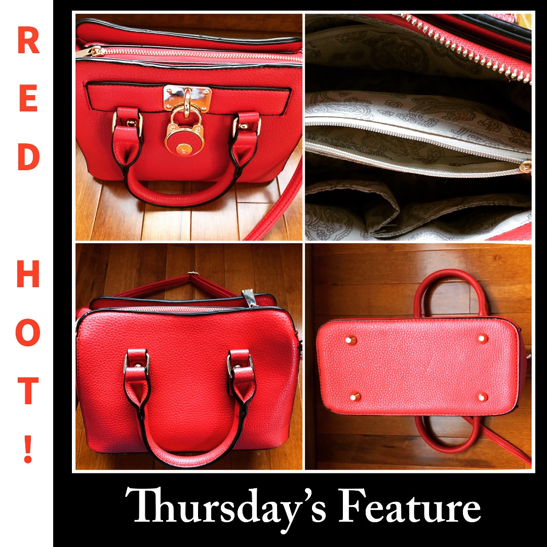 Red vegan leather satchel with handles and shoulder strap