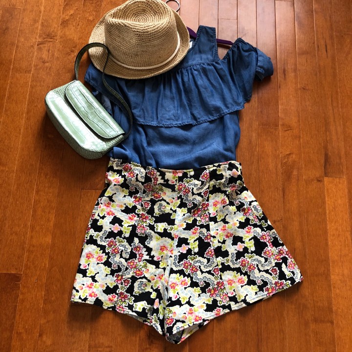 denim shirt and floral bongo shorts