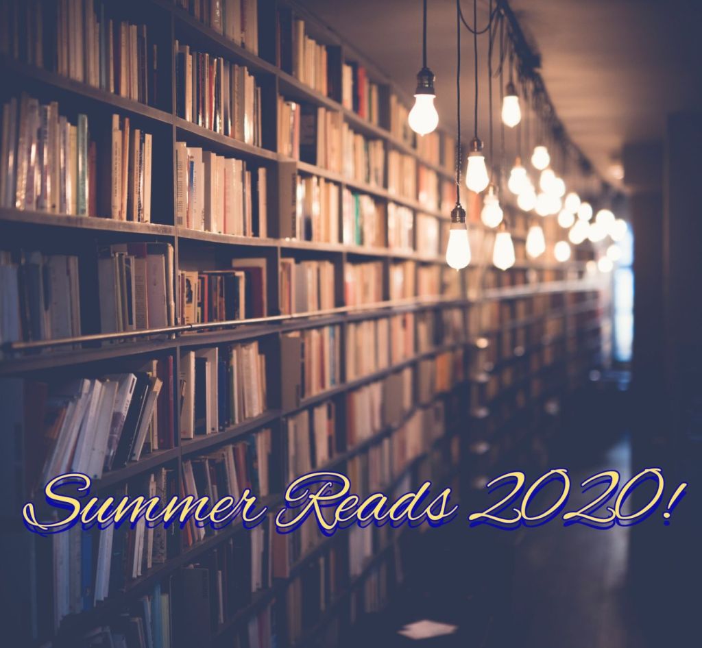 Library shelves with summer reads 2020 text overlay